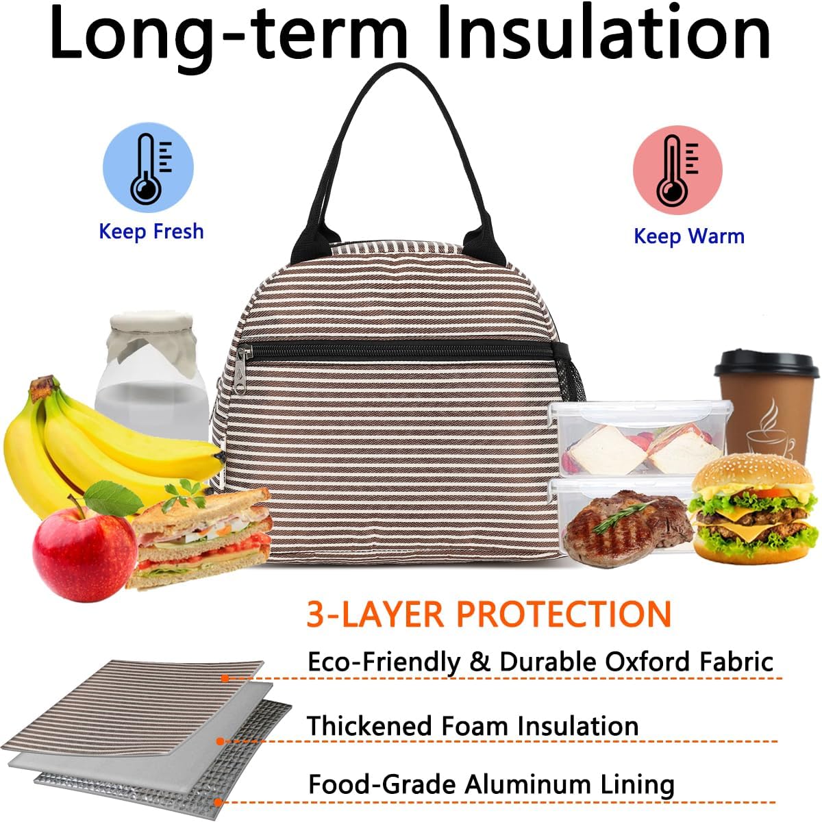GYEUKHAM Lunch Bag Women, Lunch Box for Adult Men Kids Girls, Small Cute Lunchbox Tote Large Capacity Insulated Lunch Container Cooler for Work School Picnic Travel, Black White Stripes
