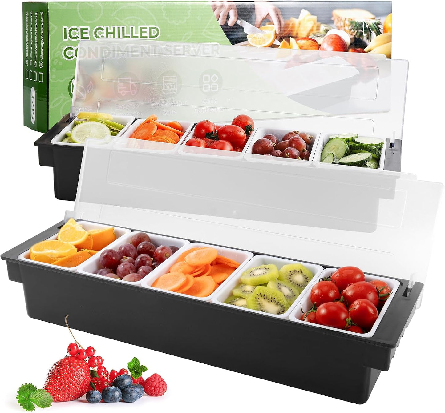 WICHEMI Fruit, Veggie & Condiment Caddy with Lid Dispenser Tray Plastic Garnish Station for Bartending & Serving Taco, Ice Cream, Salad Bar - Topping Organizer for Restaurant Supplies (3 Compartment)