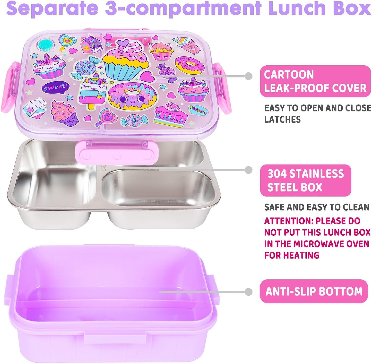 Stainless Steel Bento Lunch Box for Kids, 800ml/27oz BPA-Free Leak-Proof Food Containers with 3 Compartments, Freezer & Dishwasher Safe, Back to School Students Lunches Size for Ages 3-7