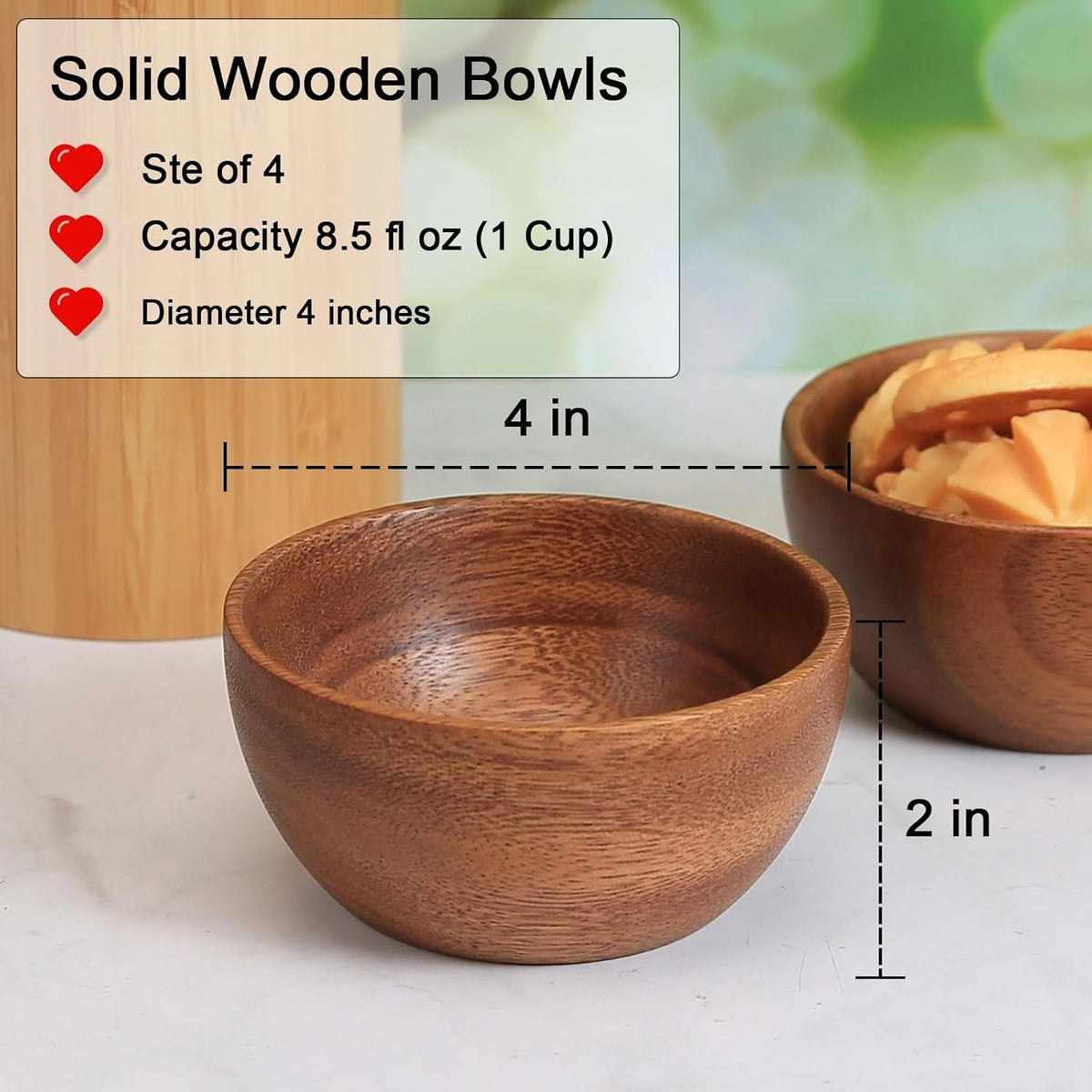 Acacia Wooden Bowls Set, Small Pinch Bowls for Sauces/Dips/Condiments, Mini Serving Bowls for Snacks/Appetizers/Side Dishes/Charcuterie Board, 3 oz Wooden Ramekins, Handmade Reusable, 4 pcs