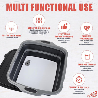 2 Pack Collapsible BBQ Prep Tub with Lid 2 Gal (8 L) 4-in-1 Marinating Tub Cutting Board Serving Tray Drink Chiller for Meal Prep Marinating Food, Grilling Picnic Camping BBQ Outdoor