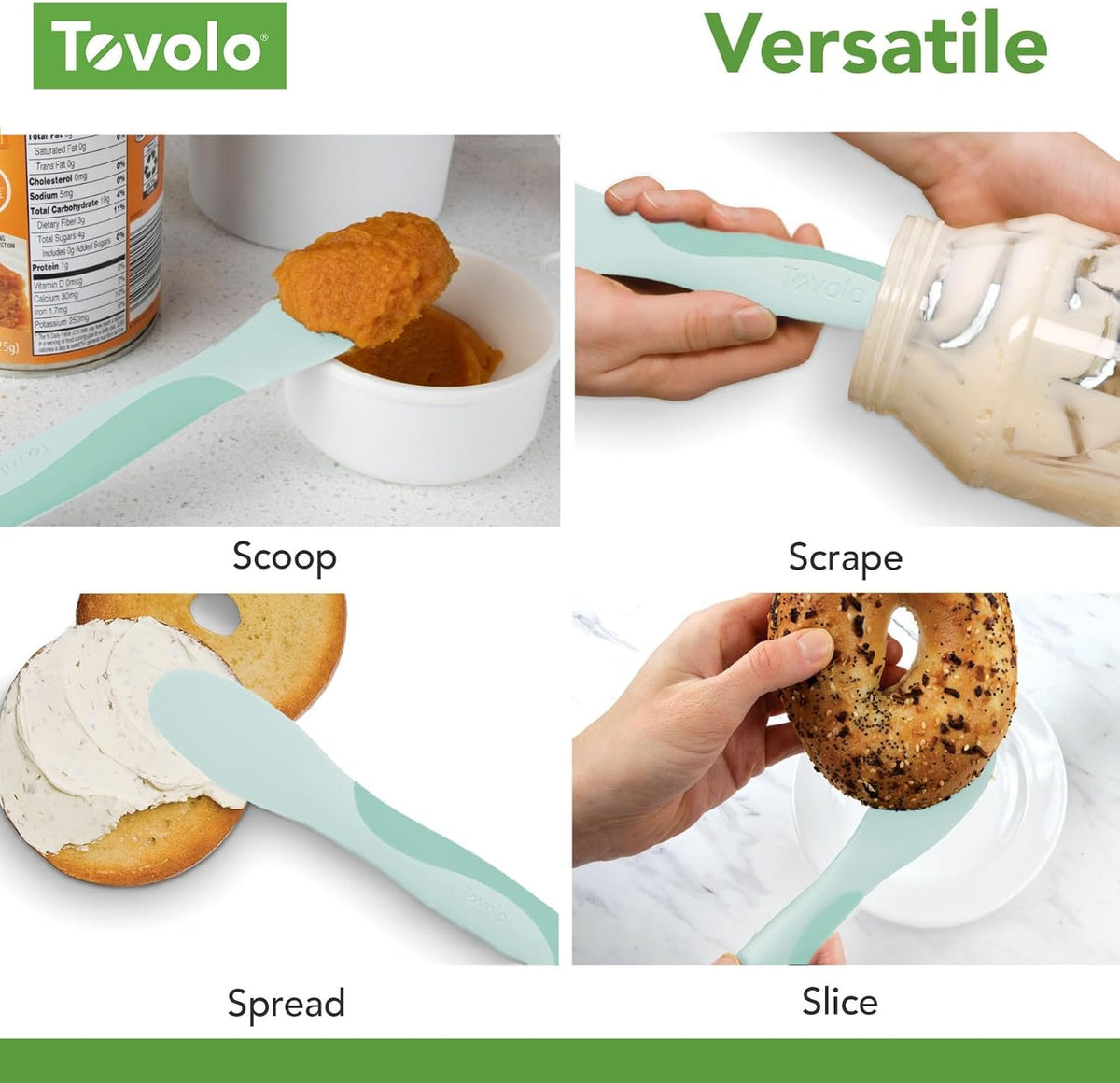 Tovolo Mini Scoop & Spread Tool for Kitchen Meal Prep Small Sandwich Spreader Spatula for Peanut Butter Jelly, Silicone BPA Free Dishwasher Safe Scooper Spreader, Aqua Seafoam Green