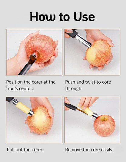 Stainless Steel Apple Corer Tool 4 Pack, Premium Fruit Core Remover Set with Serrated Blade and Ergonomic Non-Slip Handle for Apples, Pears, Peaches, Bell Peppers, Cupcakes, Dishwasher Safe