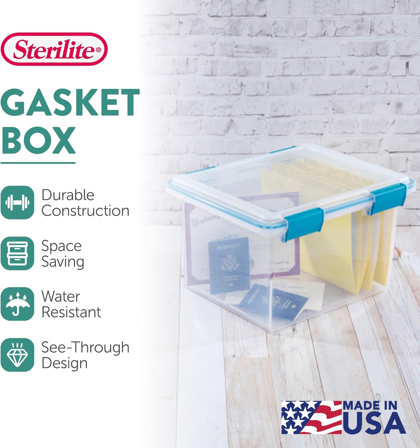Sterilite 80 Qt Gasket Box, Stackable Storage Bin with Latching Lid and Tight Seal, Plastic Container to Organize Basement, Clear Base and Lid, 1-Pack