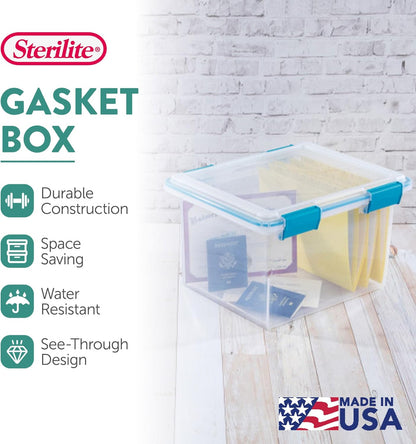 Sterilite 80 Qt Gasket Box, Stackable Storage Bin with Latching Lid and Tight Seal, Plastic Container to Organize Basement, Clear Base and Lid, 1-Pack