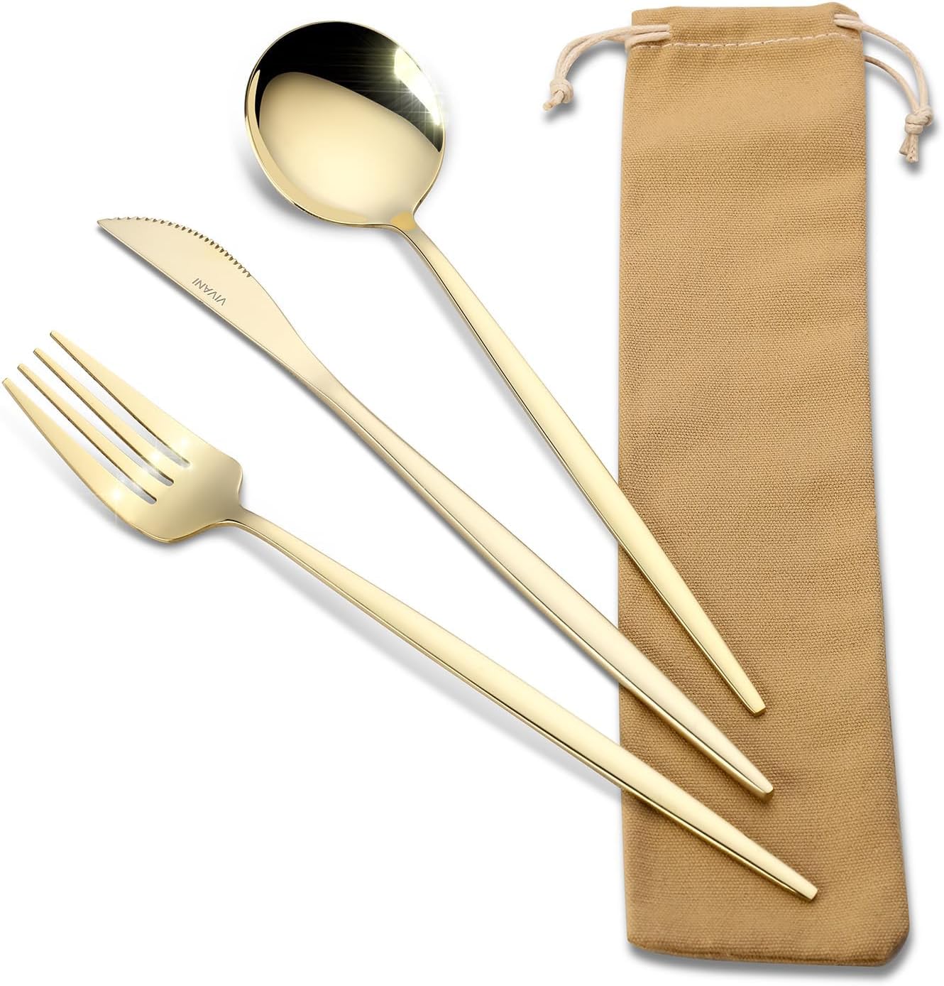 VIVANI Portable Utensils Set with Case, 3-Piece Reusable Stainless Steel Flatware Set for Travel, Camping, Lunch Box & Office, Champagne Gold Fork, Knife, Spoon with Carry Bag