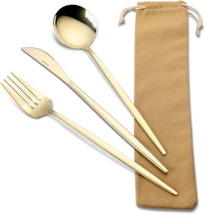 VIVANI Portable Utensils Set with Case, 3-Piece Reusable Stainless Steel Flatware Set for Travel, Camping, Lunch Box & Office, Champagne Gold Fork, Knife, Spoon with Carry Bag