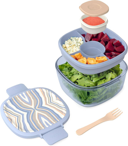 Bentgo Glass Salad Container - 7.6-Cup Salad Bowl with Airtight Lid, Leak-Proof Sauce Container, 4-Compartment Bento Tray & Reusable Fork - BPA-Free for Meal Prep, Office & More (Light Blue)