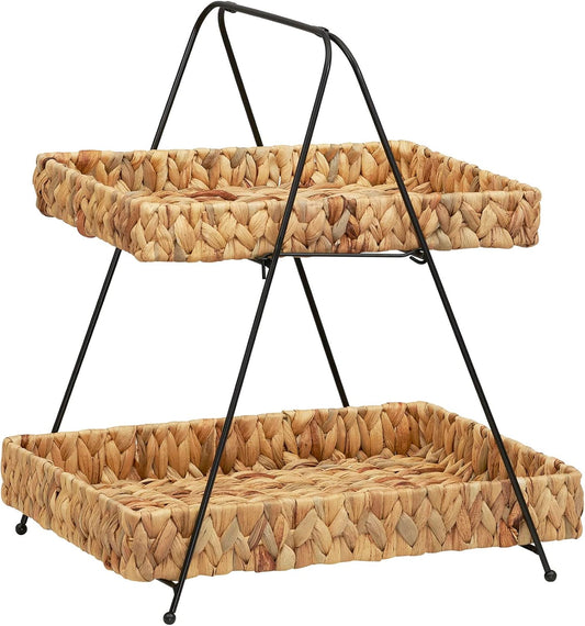Household Essentials Artisan Water Hyacinth and Iron 2-Tier Tray Tower