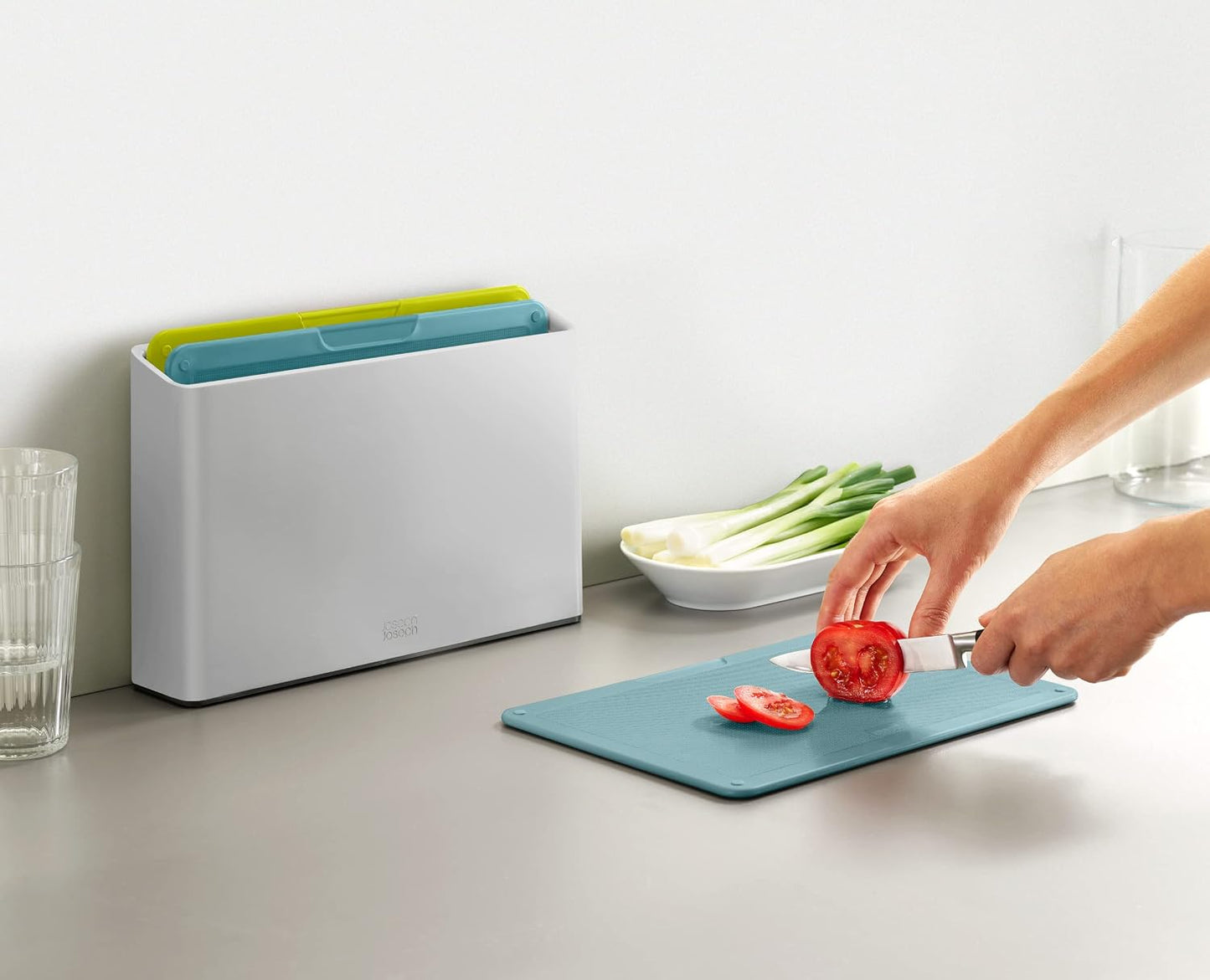 Joseph Joseph Duo 3-Piece Colour Coded Chopping Board Set with Slimline case for organised Storage, Opal