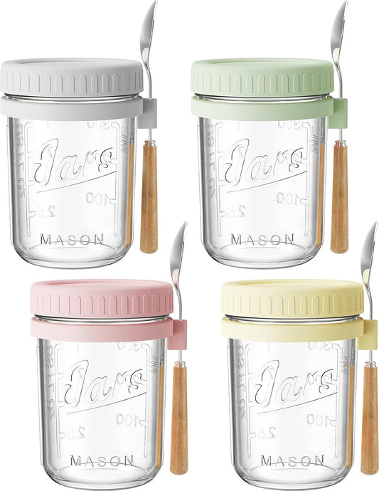 HomArtist 16oz Glass Overnight Oats Containers with Lids and Spoons, 4 Pack | Wide Mouth Glass Jars with Airtight Lids, Perfect for Chia Pudding, Yogurt, Salad & Cereal Meal Prep Storage, Food Safe