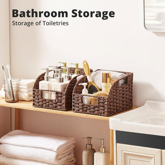 OIAHOMY Pantry Baskets for Organizing, Paper Rope Baskets with Built-in Handles, Wicker Storage Bins for Shelves, 2 Pack-Yellow