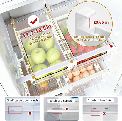 Refrigerator Organizers Storage Fridge Drawer - Pull Out Clear Storage Containers with Handle for Fruit,Deli,Cheese,Seafood,Plastic Organizer Bins Fit for Medium Refrigerator Shelf,Simple Use(2 Pack)