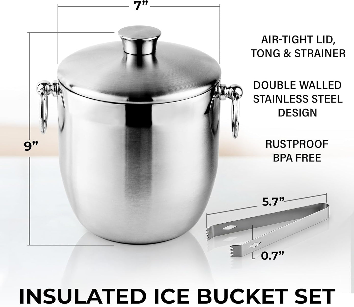 Zulay Kitchen Premium Stainless Steel Double-Wall Insulated Ice Bucket Kit – 3L, Leak-Proof, Stylish Drink Cooler for Parties, Cocktails, Wine, and Whiskey – Perfect for Home & Bar Use