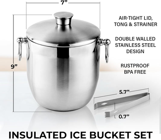 Zulay Kitchen Premium Stainless Steel Double-Wall Insulated Ice Bucket Kit – 3L, Leak-Proof, Stylish Drink Cooler for Parties, Cocktails, Wine, and Whiskey – Perfect for Home & Bar Use