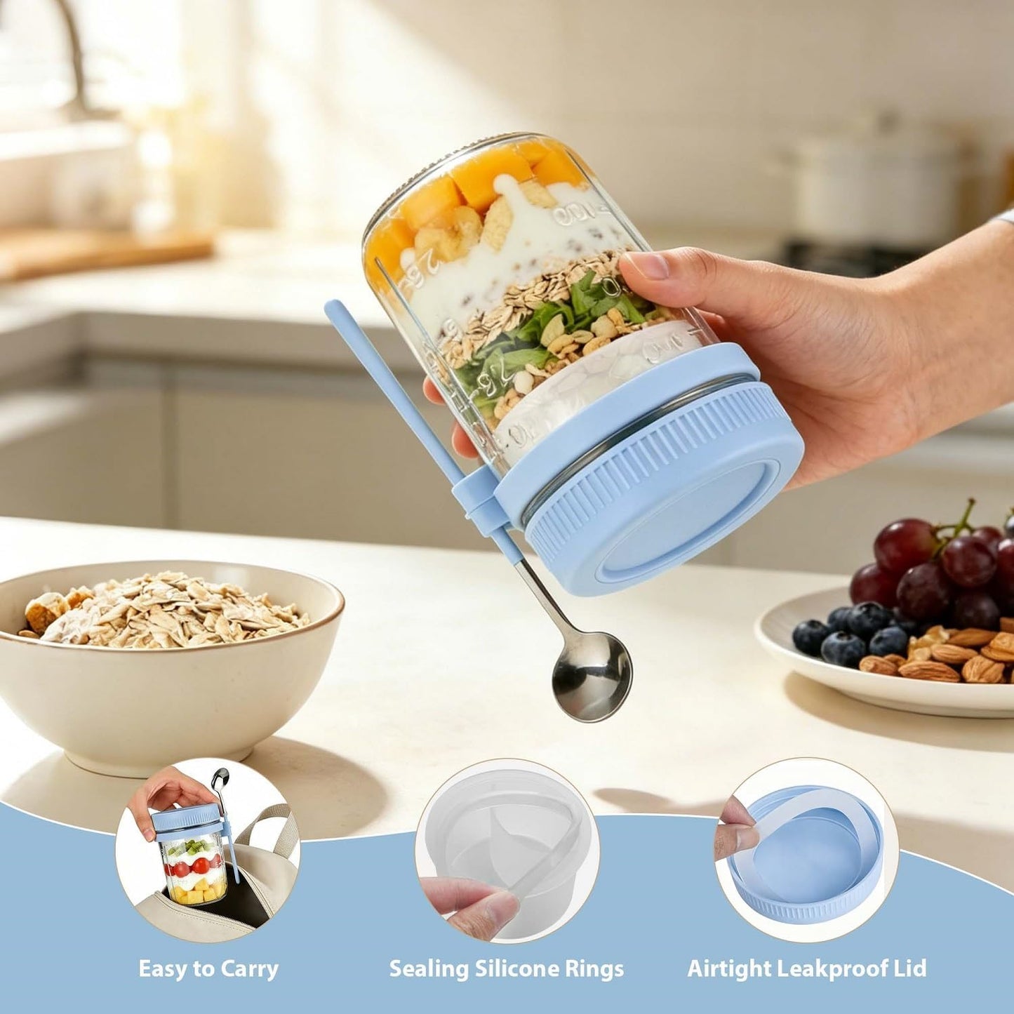 Overnight Oats Containers with Lids and Spoons - 4 Pack 16 oz Glass Mason Jars with Separate Compartments Airtight Overnight Oat Jars Leakproof Yogurt Parfait Cup for Oatmeal Chia Pudding Cereal Salad