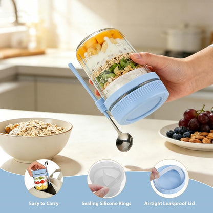 Overnight Oats Containers with Lids and Spoons - 4 Pack 16 oz Glass Mason Jars with Separate Compartments Airtight Overnight Oat Jars Leakproof Yogurt Parfait Cup for Oatmeal Chia Pudding Cereal Salad