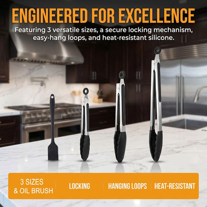 Kitchen Tongs for Cooking, Set of 4 with Oil Brush (7" 9" 12"), Heat Resistant 572°F Stainless Steel, Heavy Duty Metal Locking Tongs with Silicone Tips, Black, BBQ Grilling Dishwasher Safe