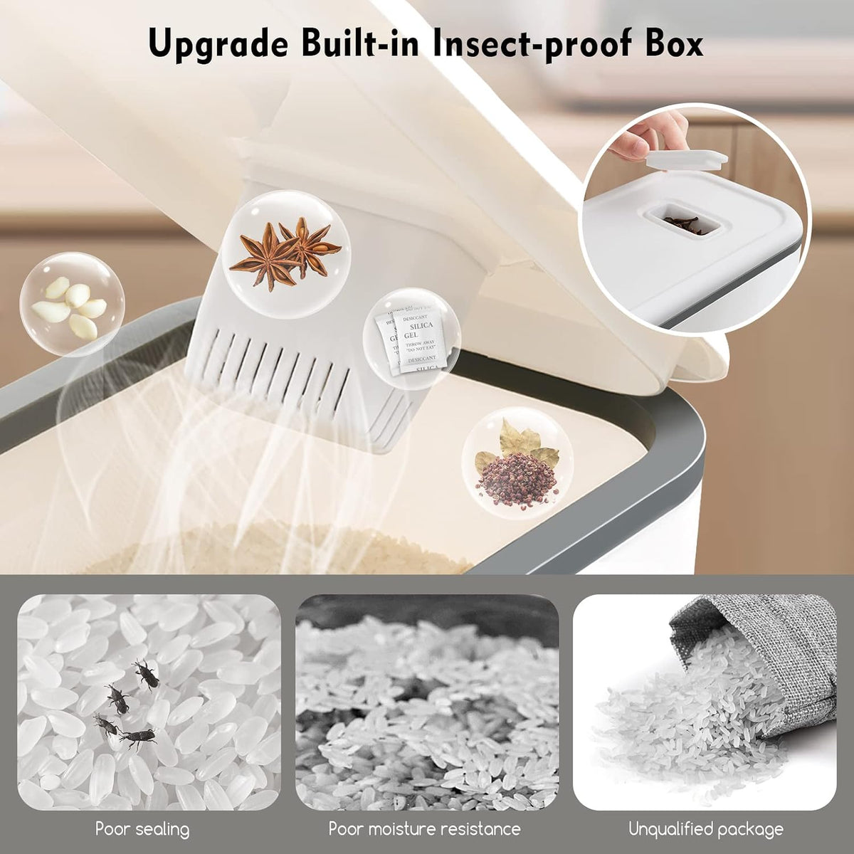 Rice Dispenser,22Lbs-25Lbs Rice Container with Measuring Cup, Upgraded Lid Time Dials & Built-in Fresh Box Rice Container Storage for Home Kitchen Pantry Stores Rice - White Capacity 22Lbs-25Lbs