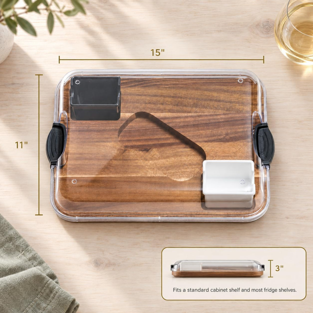 Covered Charcuterie Board with Locking Acrylic Lid, 15" x 11" Acacia Wood Serving Tray, 2 Dipping Containers, Gift Box Included