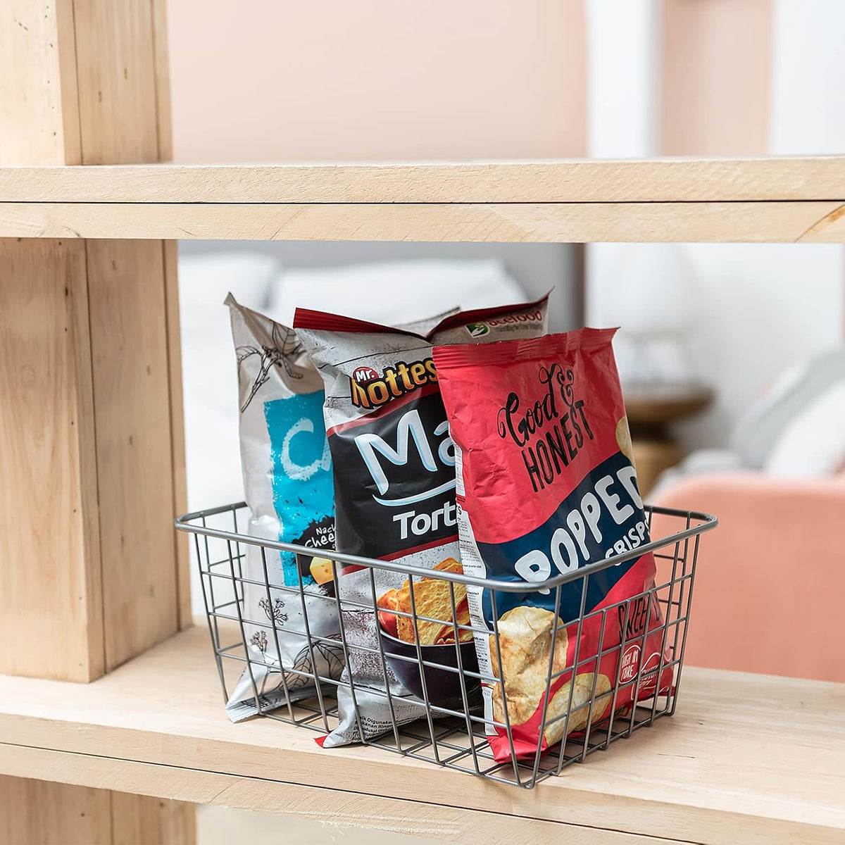 JUNCHU CHERRY Wire Kitchen Storage Basket 4 Packs,Perfect Pantry Organization Accessories Baskets,Laundry Basket,Countertop Organization,Suitable for Kitchen,Bathroom,Bedroom,Tabletop,Stackable,Chrome