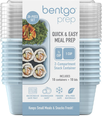 Bentgo Prep - 2-Compartment Snack Containers with Lids - Reusable, Microwaveable, Durable, PFAS & BPA-Free, Freezer, & Dishwasher-Safe Meal Prep Food Storage - 10 Trays & 10 Lids (Basil Glitter)