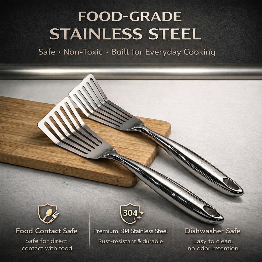 Premium Stainless Steel Fish Spatula Set (2-Pack), Slotted Metal Turner with Ergonomic Handle, Mirror Polished, Ideal for Fish, Eggs & Delicate Foods