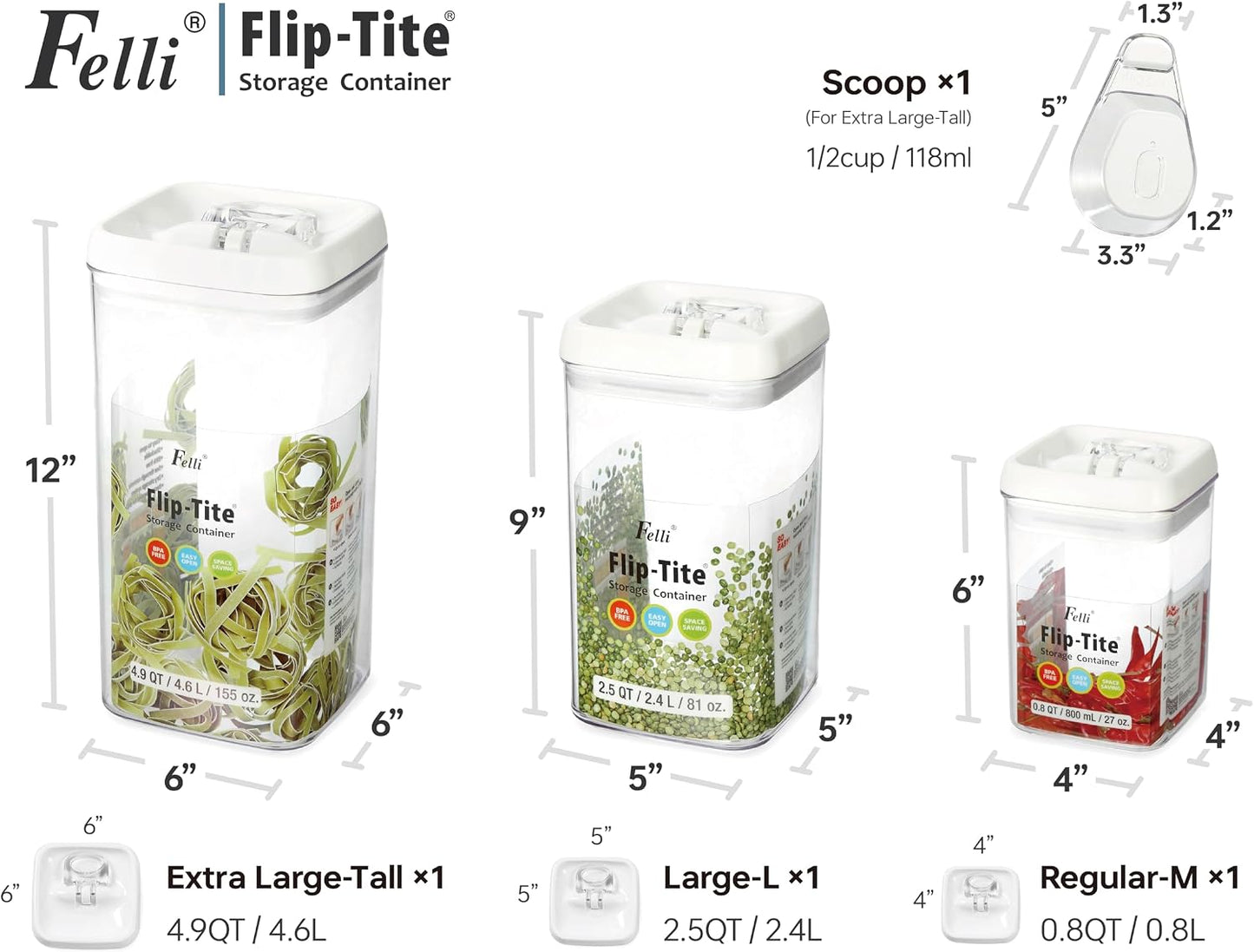 Felli Flip Tite Storage Container with Lid 4” RECTANGULAR Airtight Ring Flip Top, Stackable Kitchen Counter Pantry Organizer Acrylic Canister Jar for Pasta Spaghetti Cereal Granola Coffee (1.9qt)