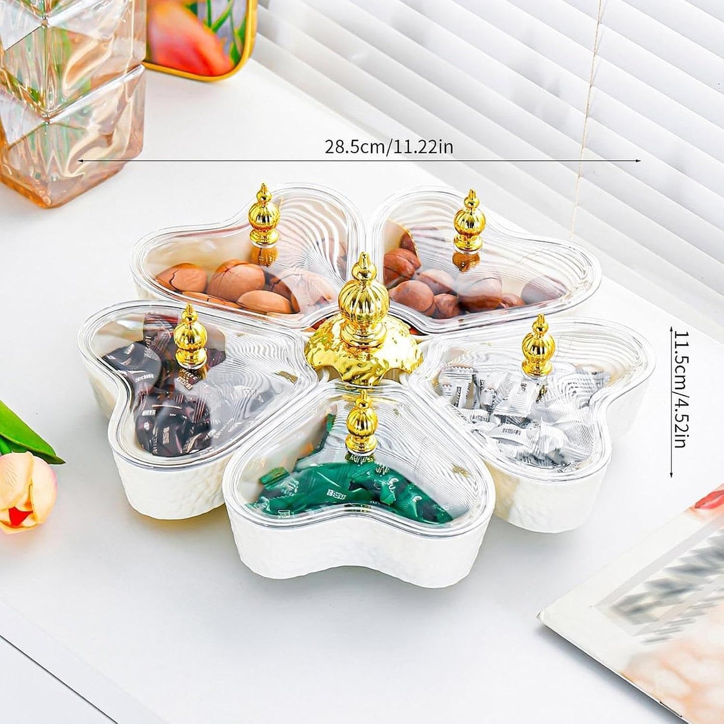 Divided Rotating Serving Tray 5 Compartments, Organizer Candy and Nut Dishes with Lid for Cookies Nuts Cakes, White Heart