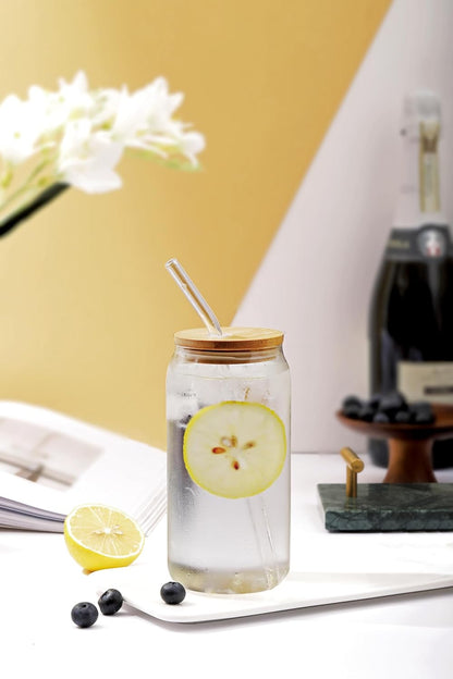4pcs Set - 20oz Glass Tumblers with Bamboo Lid and Glass Straw, Drinking Glasses, Iced Beer Glasses, Classical and Thermal Safe Glasses with Cleaning Brushes