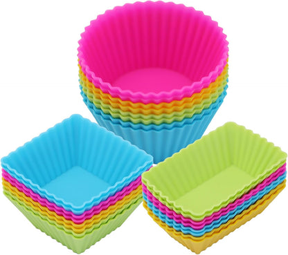 24Pack Silicone Muffin Cups, Reusable Cupcake Liners Molds for Baking, 3 Shapes Lunch Box Bento Dividers-Round, Square, and Rectangular (Orange Series, Regular Size)