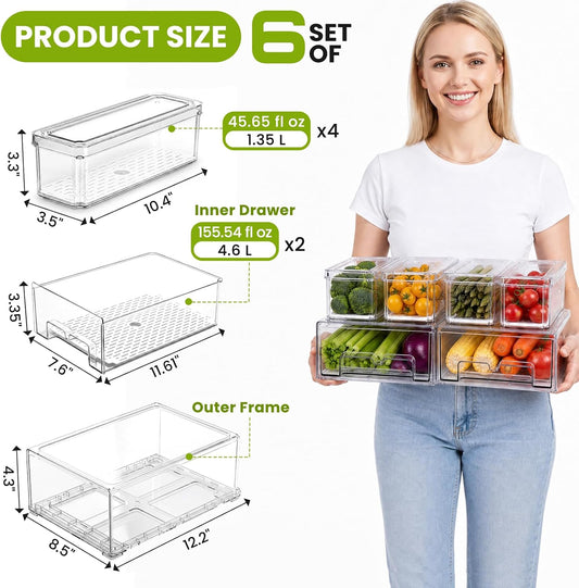 6Pack Fridge Organizers and Storage,Stackable Fridge Organizer Bins with Lids, 2 Pull Out Fridge Organizers and 4 Storage Container with Drain Tray for Fruits, Vegetables, Drinks, Snack and Food