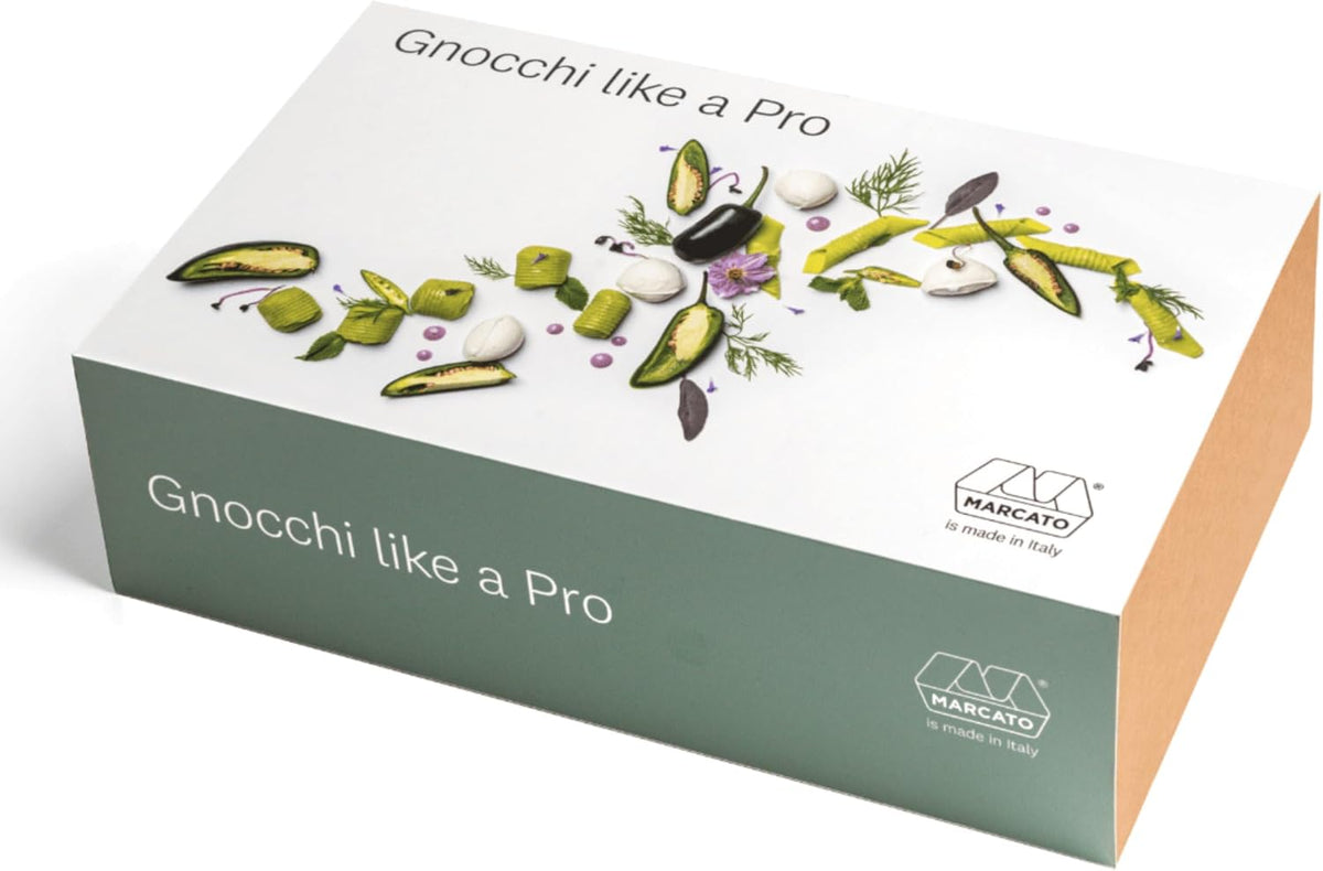 Marcato Made in Italy GNOCCHI LIKE A PRO 7-piece Kit. Includes Gnocchi board, Garganelli accessory, 2 pastry rings, Rolling Pin, Short Apron, and Cookbook