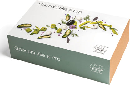Marcato Made in Italy GNOCCHI LIKE A PRO 7-piece Kit. Includes Gnocchi board, Garganelli accessory, 2 pastry rings, Rolling Pin, Short Apron, and Cookbook