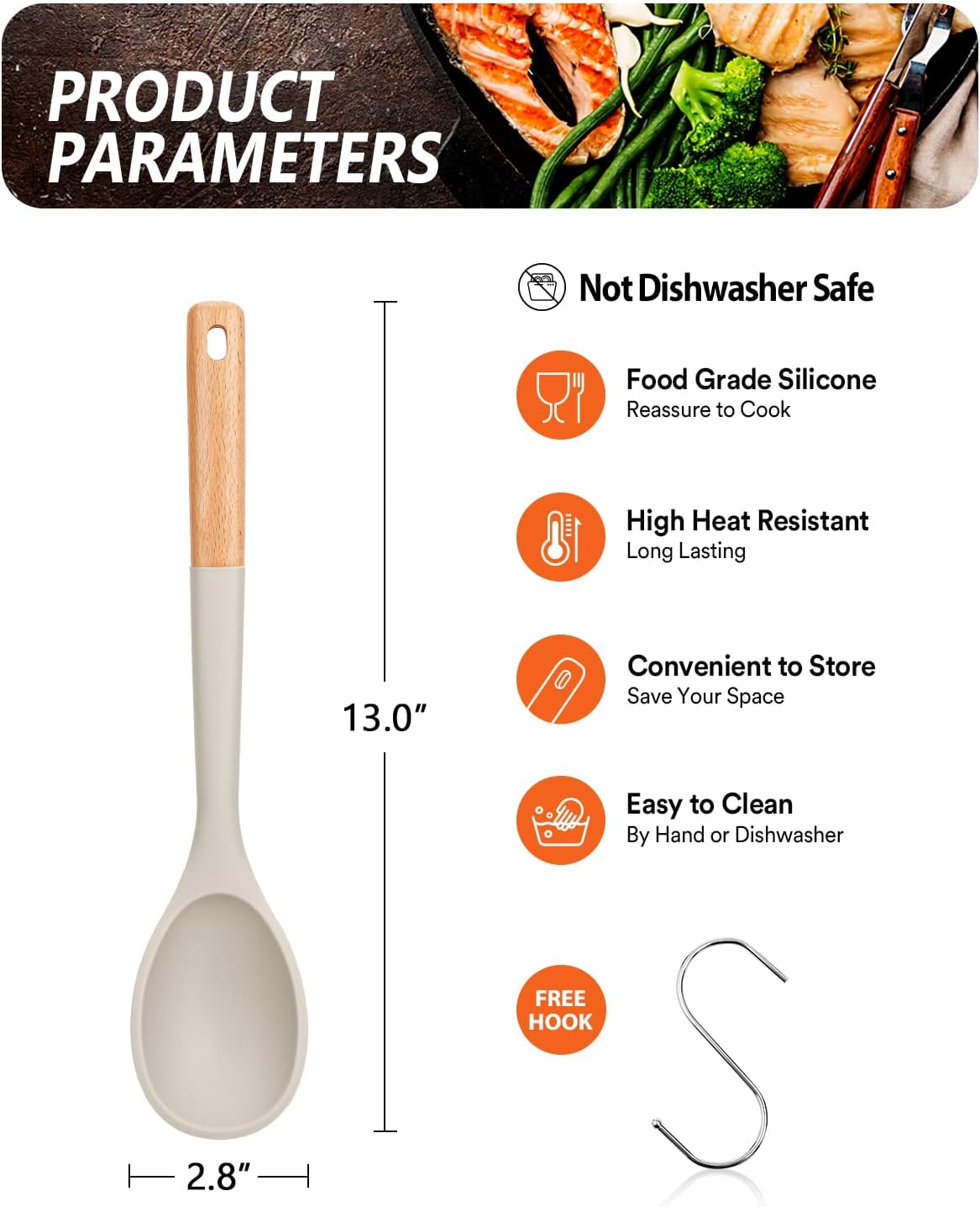 Large Silicone Cooking Spoons, Nonstick Solid Wooden Handle Spoon, Heat Resistan Silicone Kitchen Spoons for Cooking, Serving, Basting, Mixing, 13.2inch (Grey)