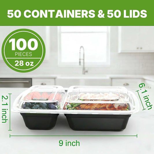 50 Pack (100-Piece) Meal Prep Containers with Lids, Reusable 2-Compartment Food Storage, Sturdy Leakproof, Food Safe, Microwave Freezer Dishwasher Safe, To-Go Takeout Plastic Containers – 60828