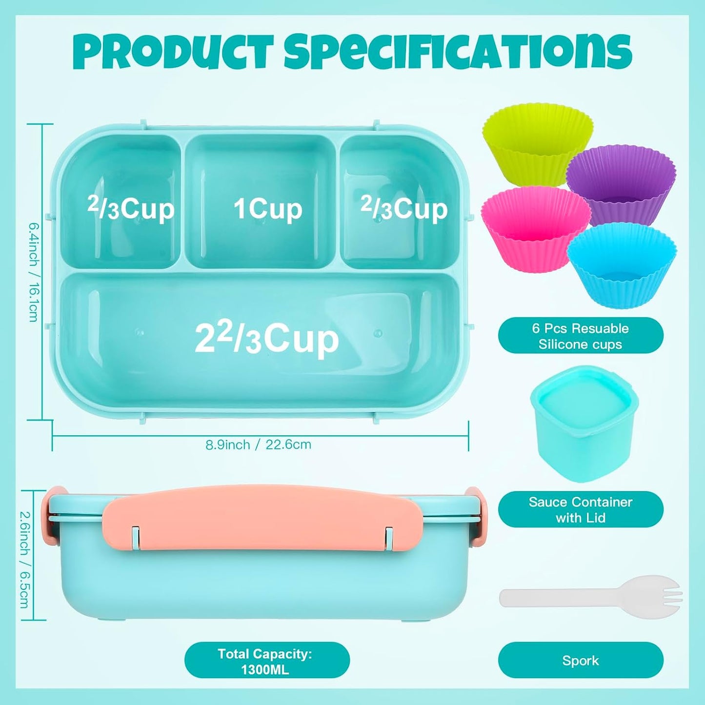 MaMix Bento Lunch Box for Kids, Lunchable Containers for Kids Adults with 4 Compartments + Lunch Bag, with Utensils, Sauce Jar, Muffin Liners (blue set)