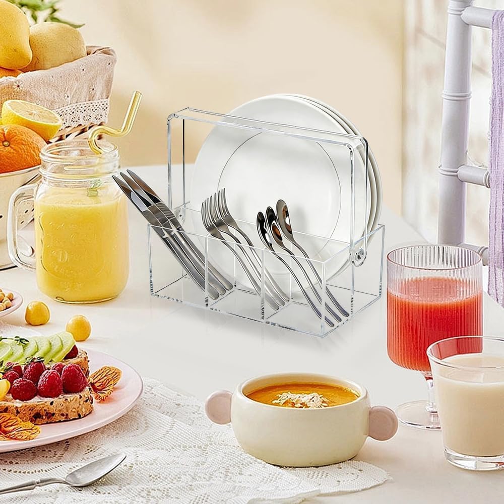 Acrylic Silverware Organizer, Utensil Holder-Heavy-Duty Countertop, Cutlery and Flatware for Spoons, Forks, Knives, Napkins, Plates, Buffet, Picnic Party