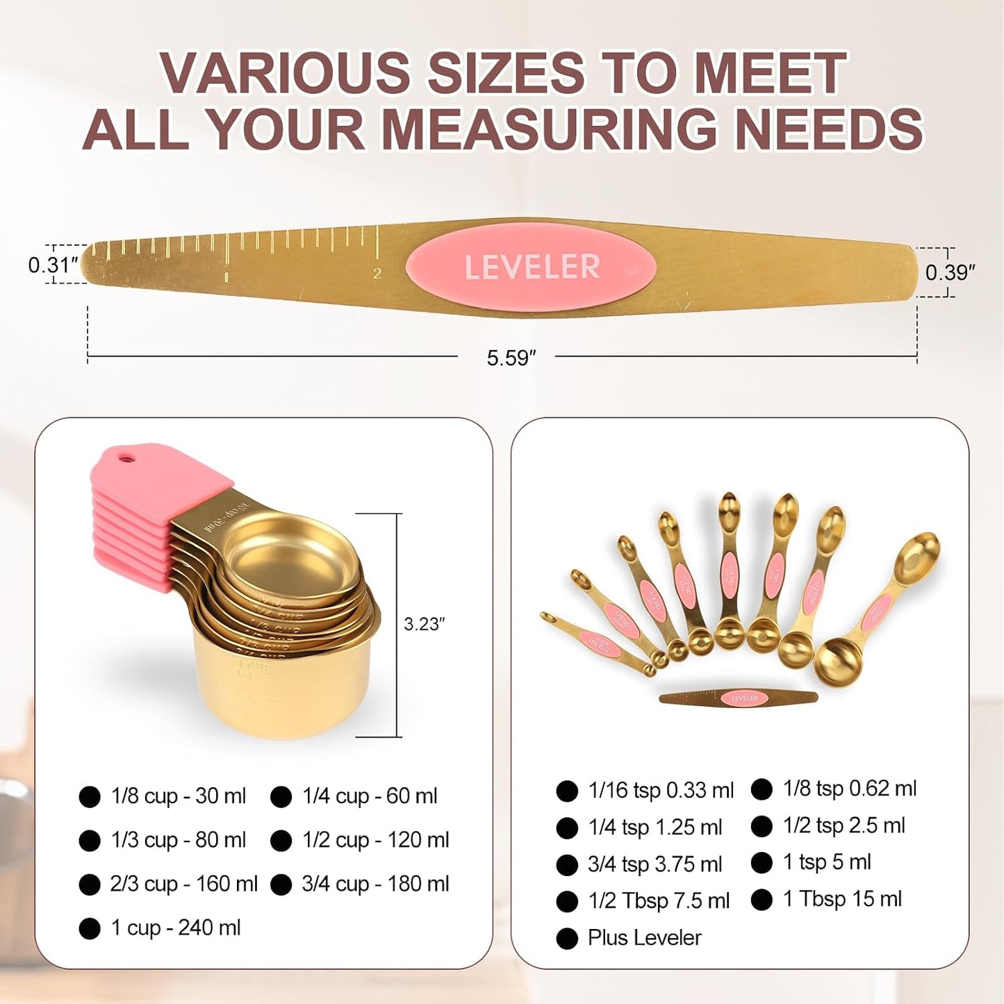 16-Piece Stainless Steel Measuring Cups and Spoons Set, Strong Magnetic Nesting Design 7 Cups 8 Spoons with Leveler, Double Measurement Markings for Dry & Liquid Ingredients, Gold