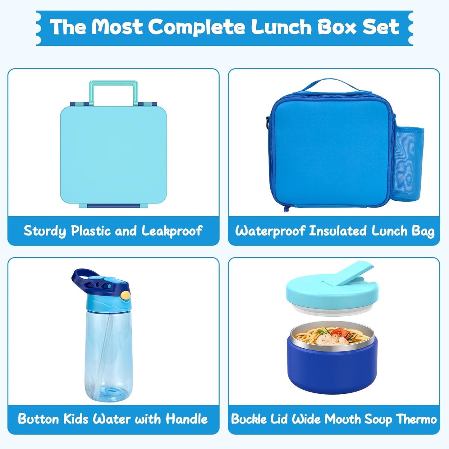 Kids Bento Lunch Box with 8oz Soup Thermo, Water Bottle, Kids Leakproof Lunch Food Containers with 4 Compartment, Insulated Hot Food Jar with Lunch Bag for School, Trvael (Black)
