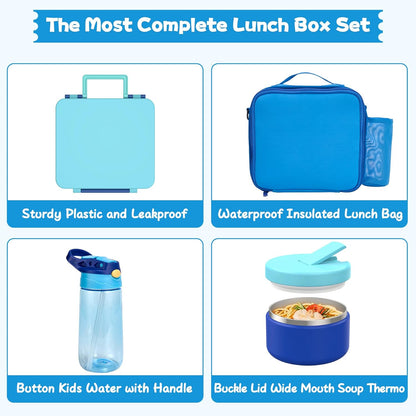 Kids Bento Lunch Box with 8oz Soup Thermo, Water Bottle, Kids Leakproof Lunch Food Containers with 4 Compartment, Insulated Hot Food Jar with Lunch Bag for School, Trvael (Black)