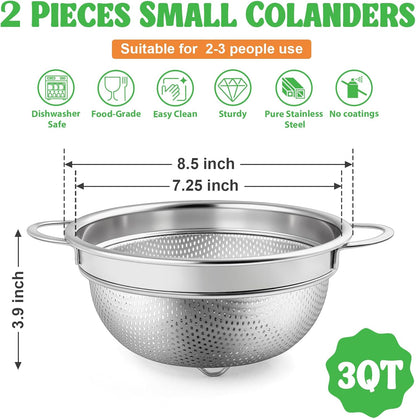 P&P CHEF Colander Strainer Stainless Steel 3 Quart, Metal Micro-Perforated Colander for Kitchen Food, Ideal for Rinsing Washing Draining, Dishwasher Safe, Shiny Silver, 2PCS