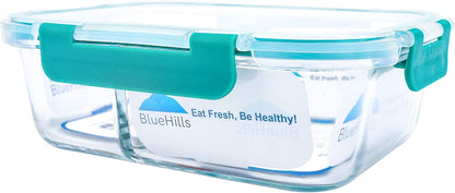 BlueHills Premium Glass Meal Prep Lunch Containers with Snap Green Lock Lids Glass Food Containers BPA-Free Oven Freezer Dishwasher Safe 5 pack set 10 pieces 36 Oz 4.5 cups (G002 Two Compartments)