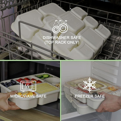 Caperci Snackle Box Container with 2 Sauce Cups - Large 8-Compartment Divided Serving Tray with Lid & Handle, Portable Snack Tray for Travel, Hold 10 Cups, Leak-Proof, Dishwasher Safe, BPA-Free