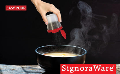 SIGNORAWARE Salt and Pepper Shakers Moisture Proof Set of 2 Large Salt Shaker to go Camping Picnic Outdoors Kitchen Lunch Boxes Travel Spice Set Clear with Red Covers Lids Plastic Airtight Dispenser