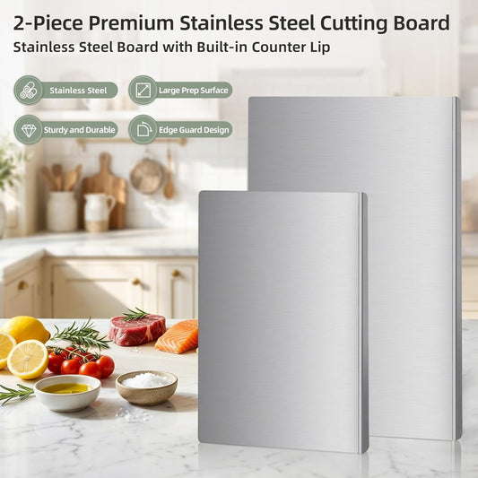 Stainless Steel Cutting Board Set with Lip, 2 Pack 16" & 24" Metal Chopping Boards for Kitchen Countertop, Non-Slip Food Prep Boards for Meat & Vegetables