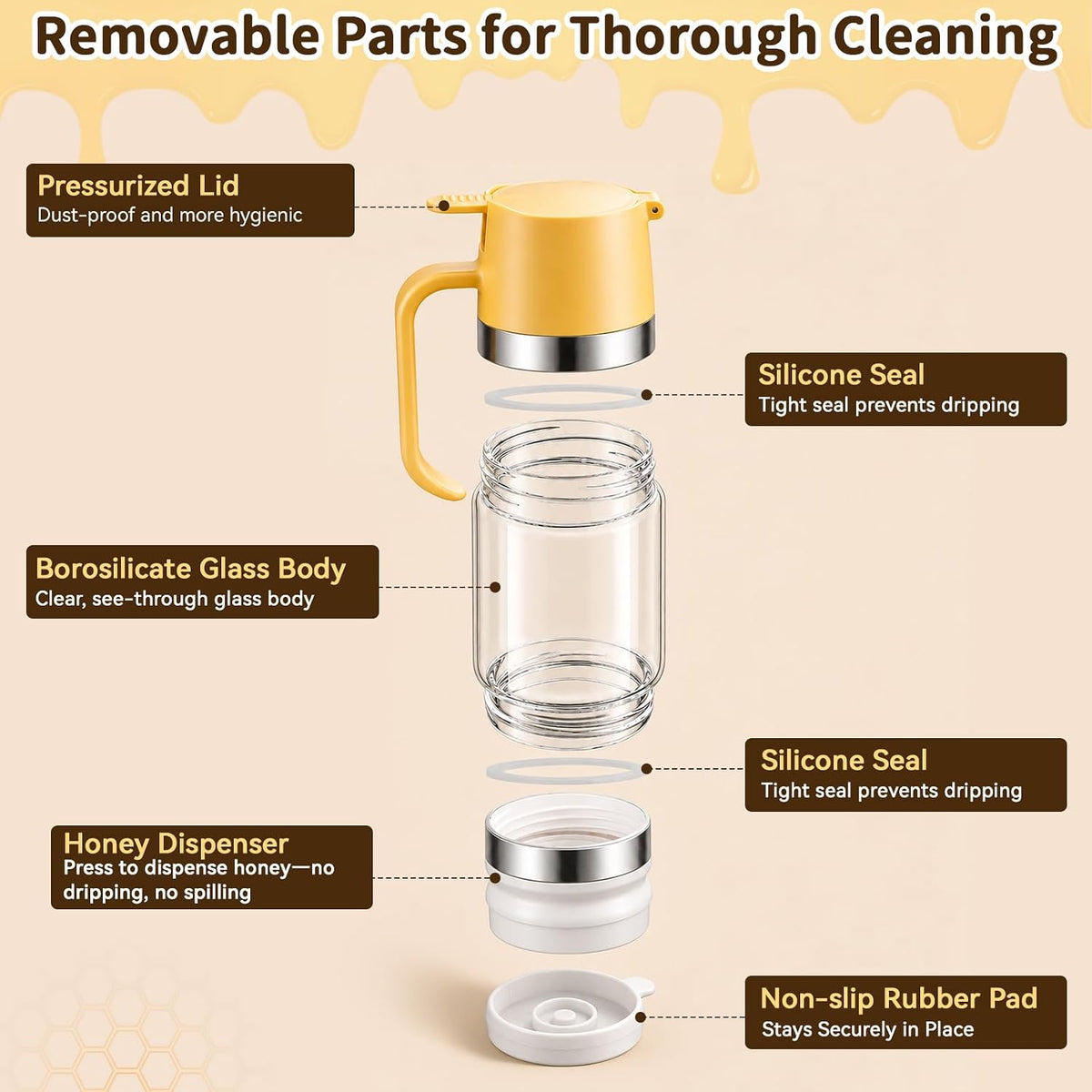 Honey Dispenser No Drip, Glass Honey Dispenser with Stand, 10oz Borosilicate Mess-Free Honey Jar with Ergonomic Handle, Precision Pouring Container for Honey, Maple Syrup, Chocolate Syrup (Black)
