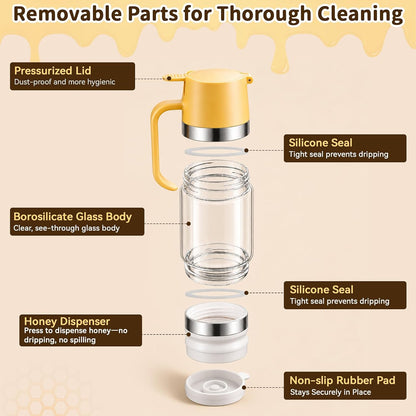 Honey Dispenser No Drip, Glass Honey Dispenser with Stand, 10oz Borosilicate Mess-Free Honey Jar with Ergonomic Handle, Precision Pouring Container for Honey, Maple Syrup, Chocolate Syrup (Black)