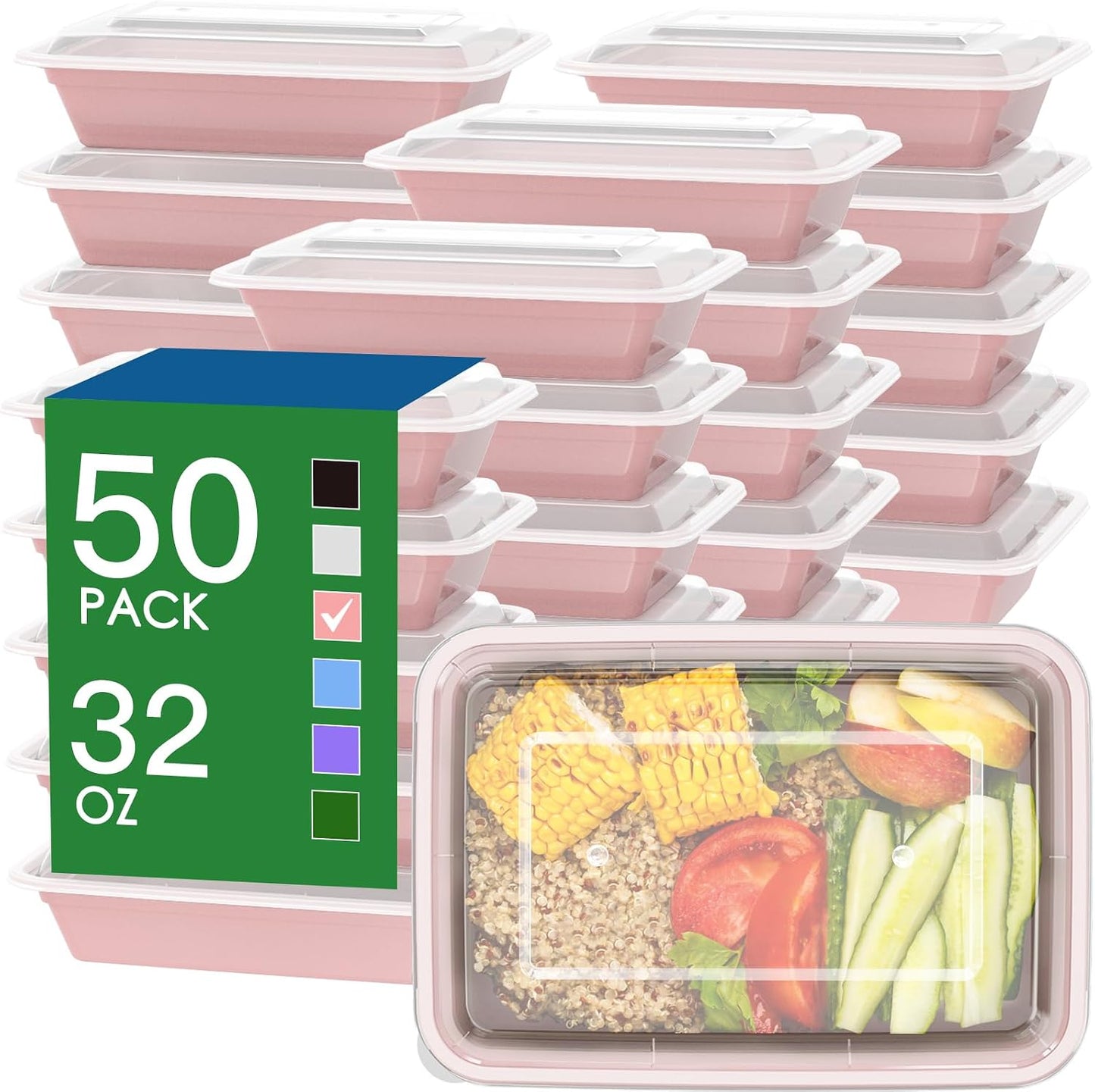 50 Pack (100-Piece) 32 oz Meal Prep Containers Reusable with Easy Open Lids, Sturdy Leakproof Food Safe, Microwave Freezer Dishwasher Safe, To Go Take Out Plastic Food Storage Pans with Lids, Black