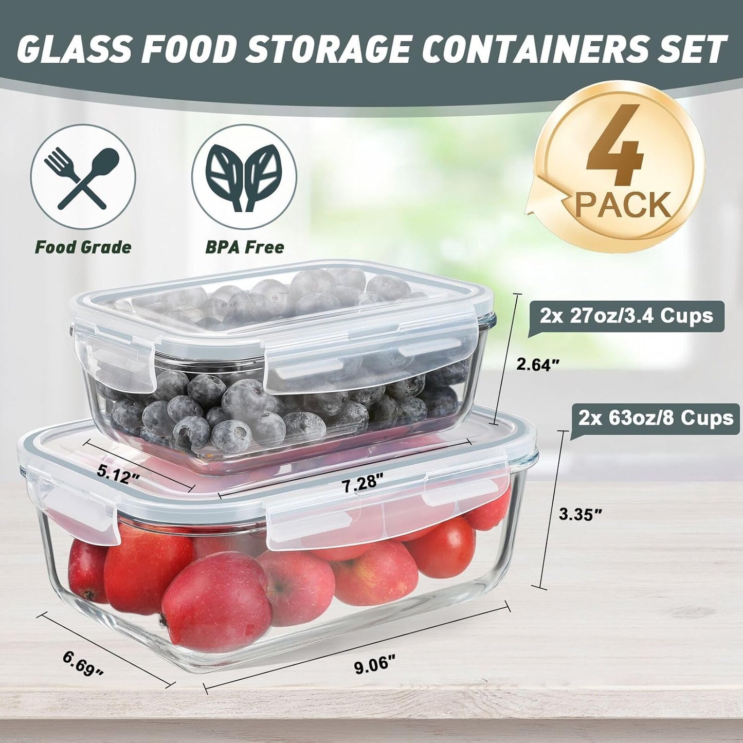 KOMUEE 4 Pack 63oz+27oz Large Glass Food Storage Containers Set with Airtight Lids, BPA-Free, Meal Prep Containers for Storing, Freezer, Microwave and Oven Safe